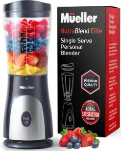 Mueller Personal Blender For Shakes And Smoothies With 15 Oz Travel Cup And Lid, Juices, Baby Food, Heavy-Duty Portable Blender & Food Processor, Grey