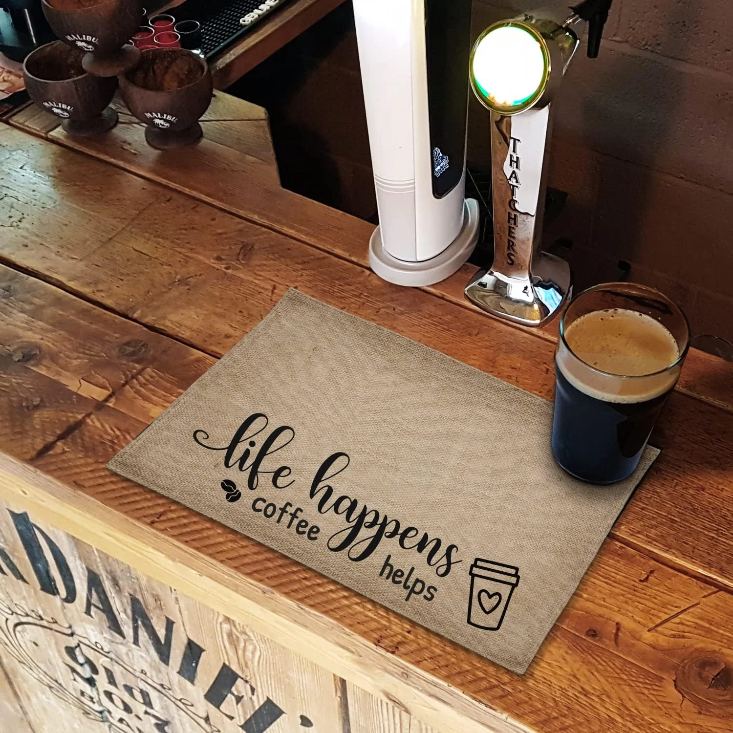 Funny Waterproof Coffee Bar Mat - Life Happens Coffee Helps, Farmhouse Burlap Coffee Bar Placemat With Fabric Backing Coffee Maker, Coffee Station Accessories Decor Coffee Lovers Gift 2 Funny Waterproof Coffee Bar Mat - Life Happens Coffee Helps, Farmhouse Burlap Coffee Bar Placemat With Fabric Backing Coffee Maker, Coffee Station Accessories Decor Coffee Lovers Gift - Image 2