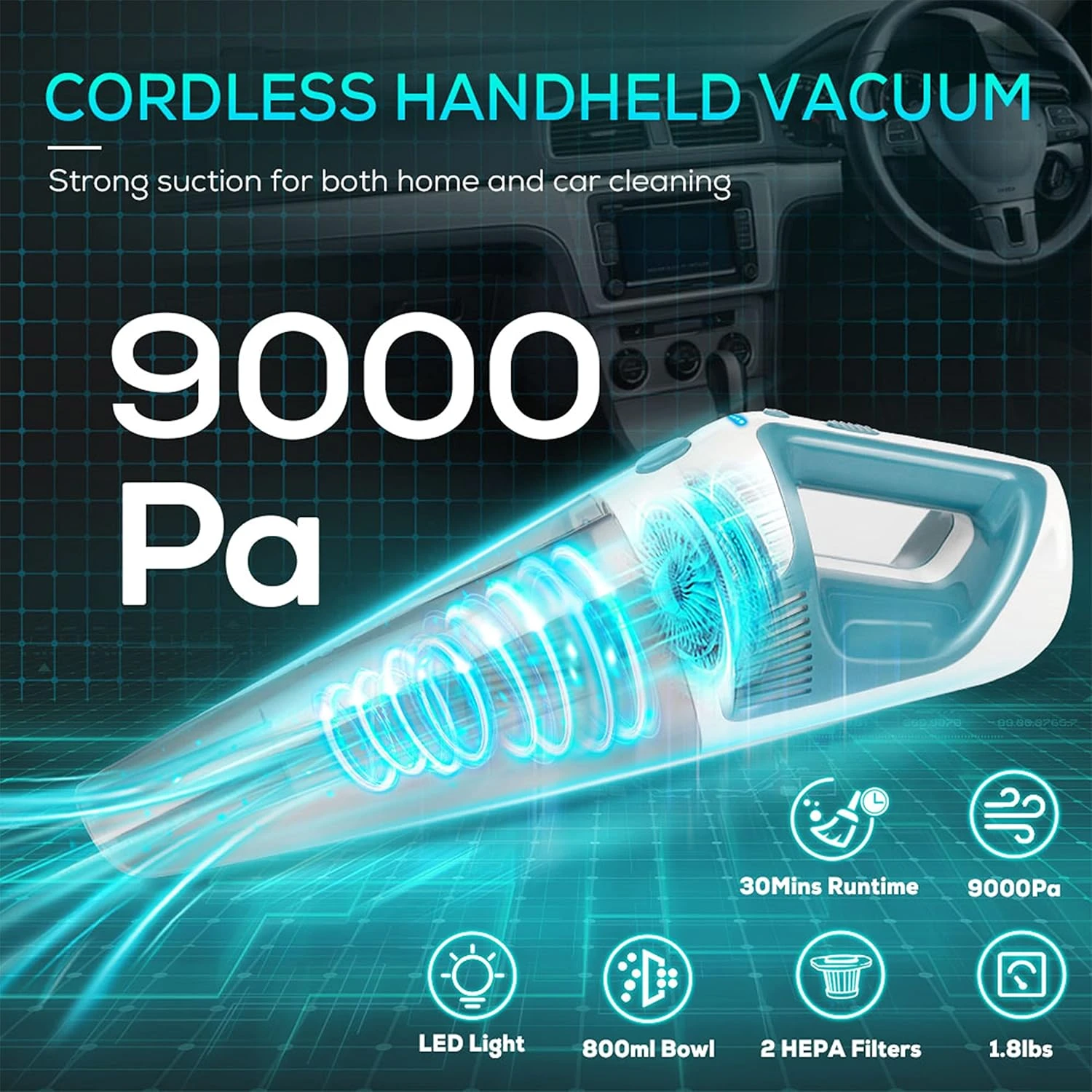 PEGOVO Car Vacuum Cleaner High Power 9000PA, Handheld Car Vacuum Cordless Rechargeable,Mini Portable Hand Held Vacuum Cordless Vacuum Cleaner For Pet Hair Home Cleaning-LED Light 2 PEGOVO Car Vacuum Cleaner High Power 9000PA, Handheld Car Vacuum Cordless Rechargeable,Mini Portable Hand Held Vacuum Cordless Vacuum Cleaner For Pet Hair Home Cleaning-LED Light - Image 2