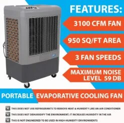Hessaire MC37M Portable Evaporative Cooling Fan, Indoor/Outdoor High Temp Environments, 3100 CFM, 950 Sq. Ft., 3-Speed Fan, 59 DB, Gray 19 Hessaire MC37M Portable Evaporative Cooling Fan, Indoor/Outdoor High Temp Environments, 3100 CFM, 950 Sq. Ft., 3-Speed Fan, 59 DB, Gray -Appliantrix Cheap Store 81n9LcRRLsL. AC SL1500