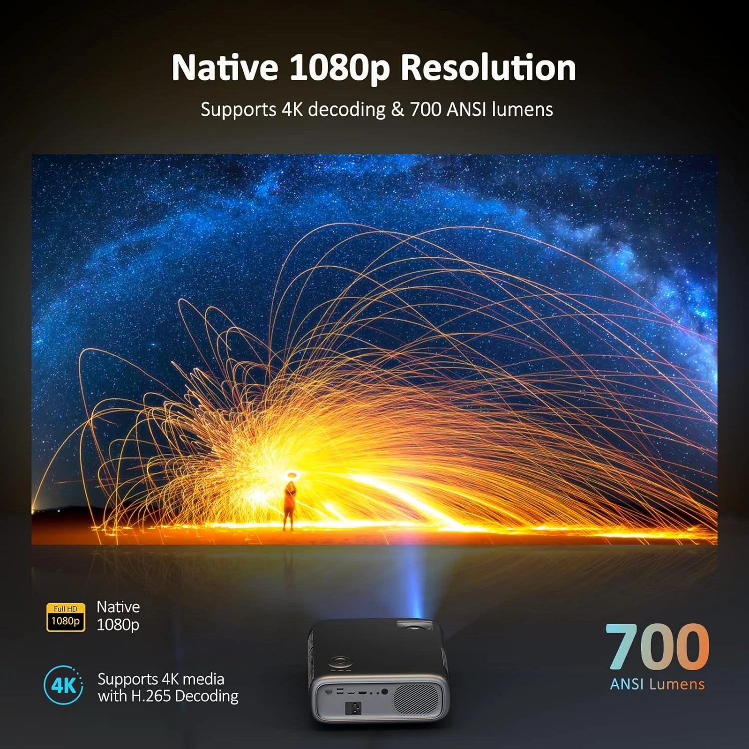 NexiGo PJ40 Projector With WiFi And Bluetooth, Native 1080P, 4K Supported, Projector For Outdoor Movies, 300 Inch, Zoomable, 20W Speakers, Home Theater, Compatible W/TV Stick, IOS, Android (Black) 2 NexiGo PJ40 Projector With WiFi And Bluetooth, Native 1080P, 4K Supported, Projector For Outdoor Movies, 300 Inch, Zoomable, 20W Speakers, Home Theater, Compatible W/TV Stick, IOS, Android (Black) - Image 2