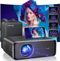 Auto Focus] Projector With WiFi 6 And Bluetooth 5.2, 500 ANSI Projector 4K, WiMiUS P62 Native 1080P Outdoor Movie Projector, Auto 6D Keystone & 50% Zoom, Smart Home Projector For Phone/PC/TV Stick