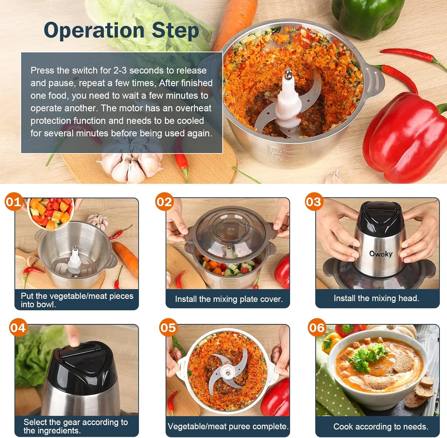 Food Processors Electric, Meat Grinder 2L Stainless Steel Meat Blender Food Chopper For Meat, Onion, Vegetables With 2pcs Bi-Level Blades, 2 Speed, 500W, 8 Cup (Meat Grinder With Single Bowl) 5 Food Processors Electric, Meat Grinder 2L Stainless Steel Meat Blender Food Chopper For Meat, Onion, Vegetables With 2pcs Bi-Level Blades, 2 Speed, 500W, 8 Cup (Meat Grinder With Single Bowl) - Image 5