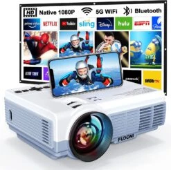 Projector With WiFi And Bluetooth, 5G WiFi Native 1080P 10000L 4K Supported, FUDONI Portable Outdoor Projector With Screen For Home Theater, Compatible With HDMI/USB/PC/TV Box/iOS And Android Phone