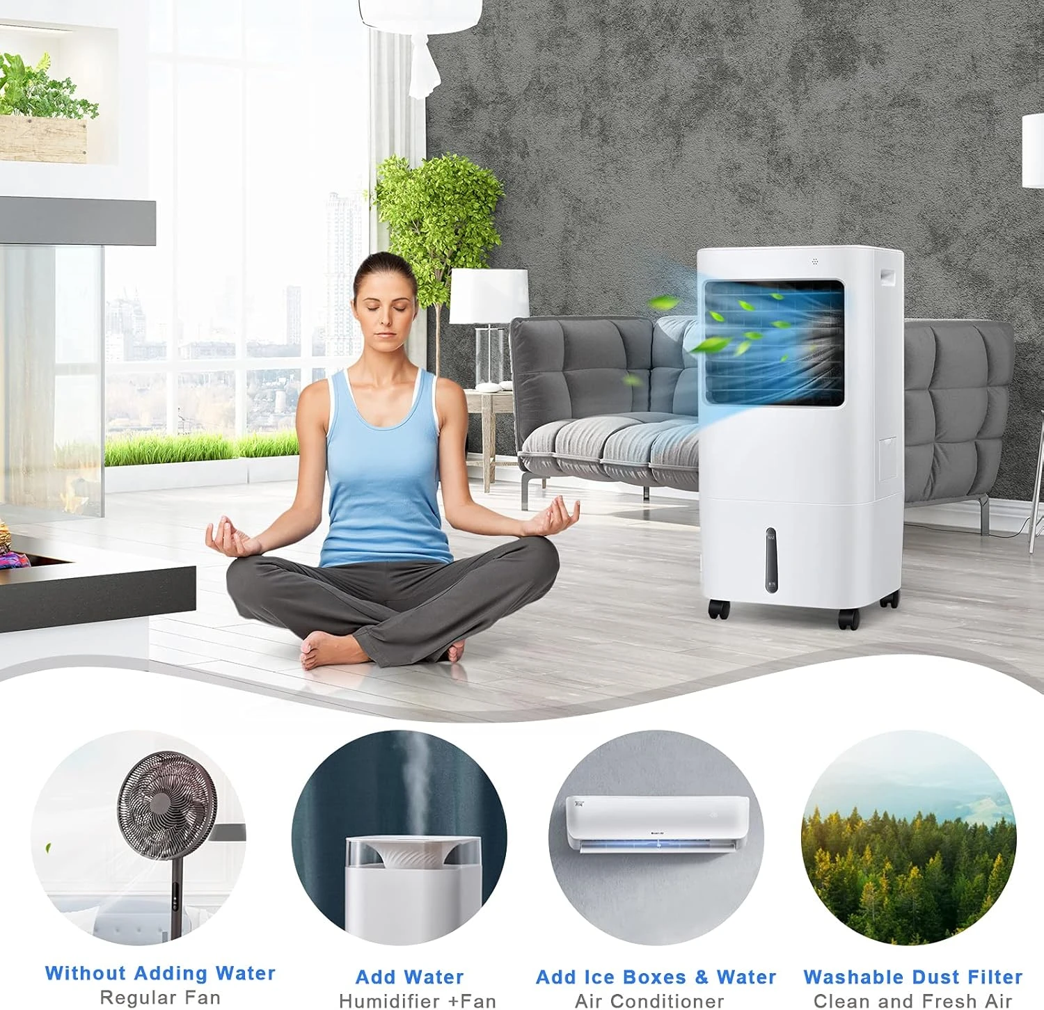 GOFLAME Evaporative Air Cooler, 3-in-1 Portable Air Cooling Fan With Remote Control, 5.3 Gal Water Tank, 2 Ice Packs, 7.5H Timer, Air Humidifier With 4 Speeds & 3 Wind Modes For Home, Office 7 GOFLAME Evaporative Air Cooler, 3-in-1 Portable Air Cooling Fan With Remote Control, 5.3 Gal Water Tank, 2 Ice Packs, 7.5H Timer, Air Humidifier With 4 Speeds & 3 Wind Modes For Home, Office - Image 7