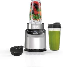 Ninja BN401 Nutri Pro Compact Personal Blender, Auto-iQ Technology, 1100-Peak-Watts, For Frozen Drinks, Smoothies, Sauces & More, With (2) 24-oz. To-Go Cups & Spout Lids, Cloud Silver