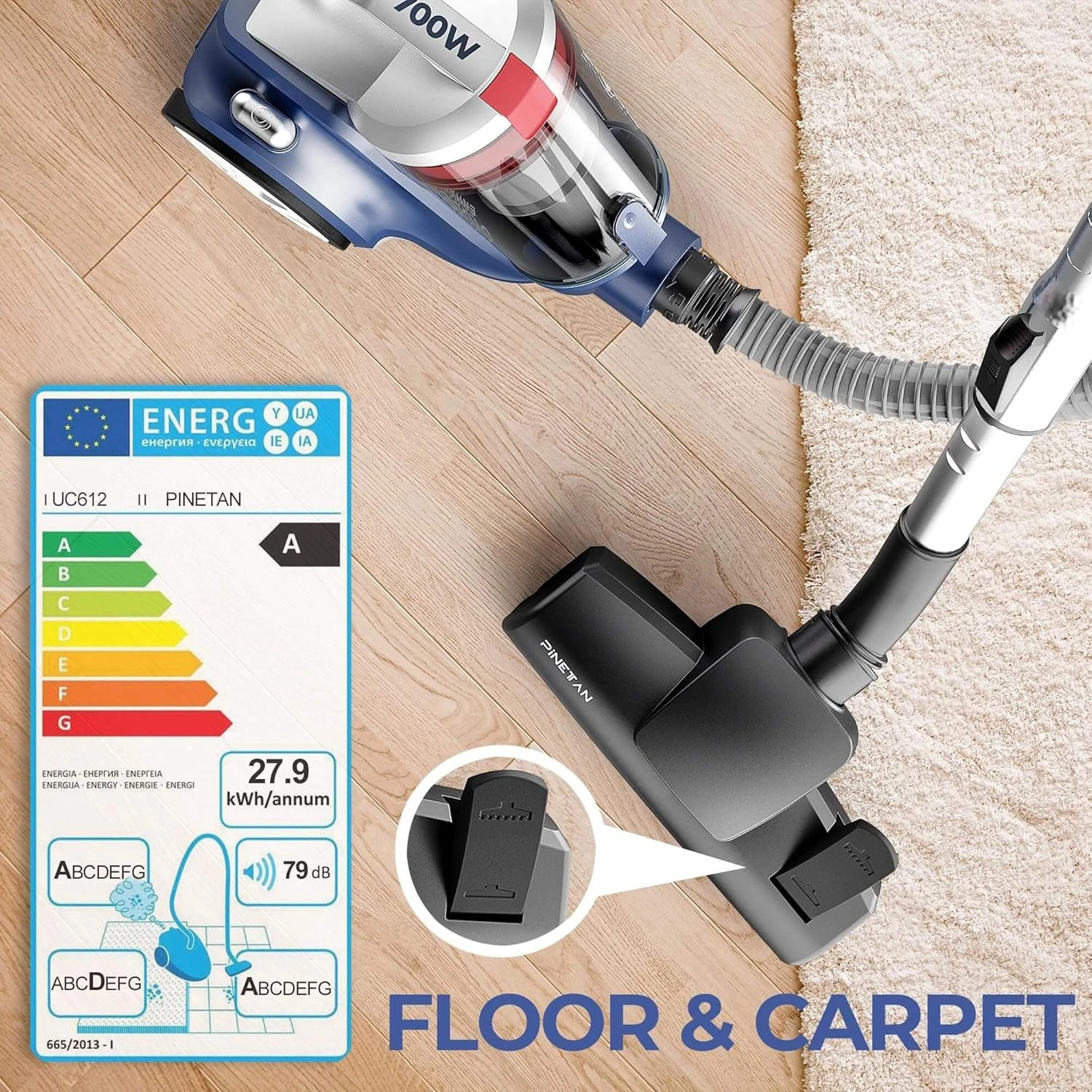 PINETAN Bagless Cyclone Canister Vacuum Cleaner, With Cyclone Filtration, Lightweight Design & Powerful Suction, Multi-Surface Cleaning Nozzle And Automatic Cord Rewind - Ocean Blue, UC612 3 PINETAN Bagless Cyclone Canister Vacuum Cleaner, With Cyclone Filtration, Lightweight Design & Powerful Suction, Multi-Surface Cleaning Nozzle And Automatic Cord Rewind - Ocean Blue, UC612 - Image 3